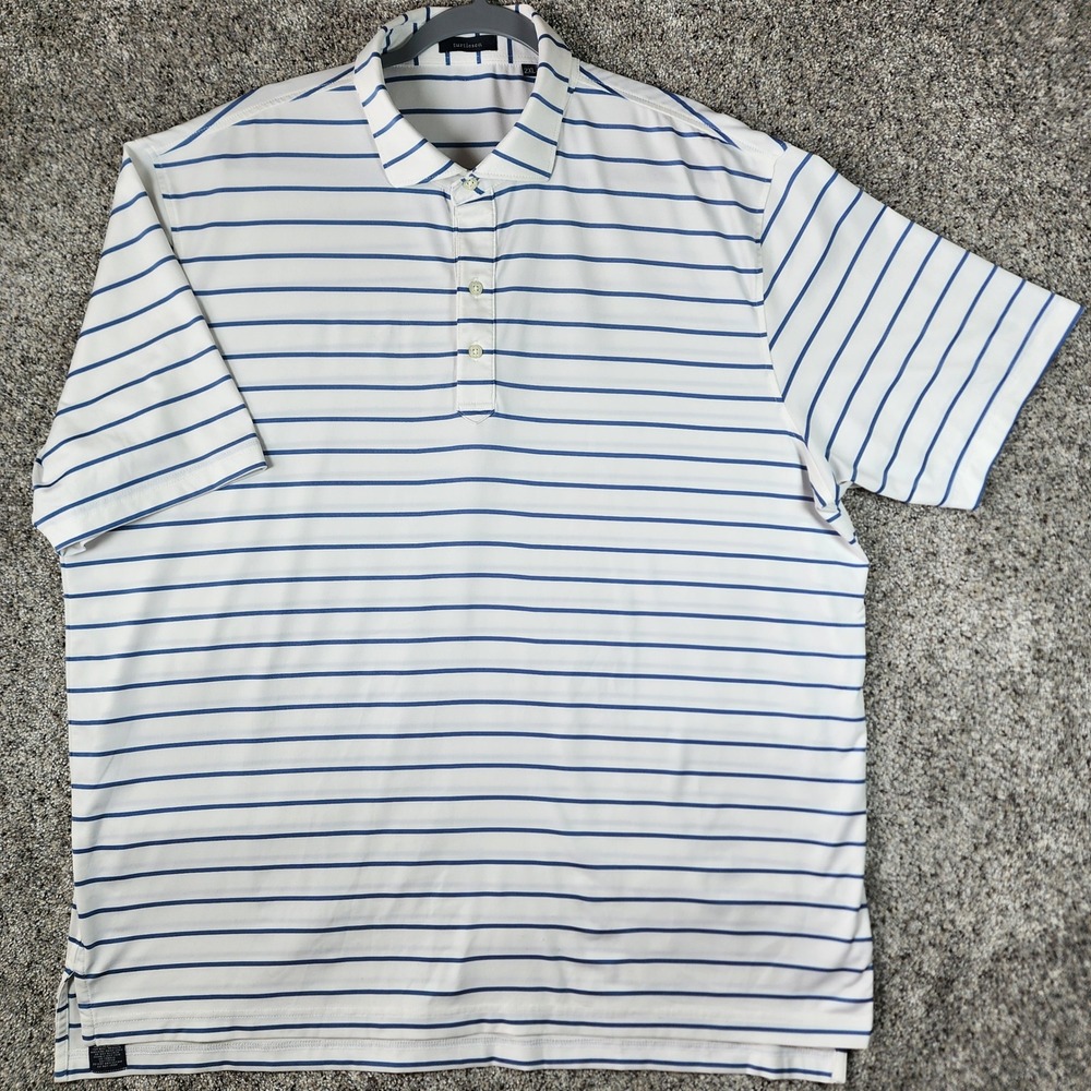 Turtleson Polo Shirt Mens 2XL White Blue Striped Performance Stretch Golf Good